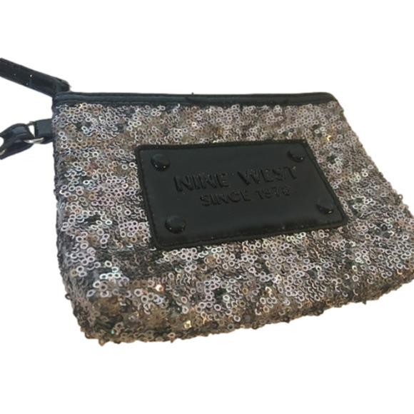 NINE West Wristlet Glitter Sequins Silver Black - Picture 1 of 6